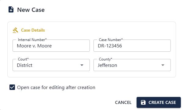 The New Case dialog requesting internal number, case number, court, and county